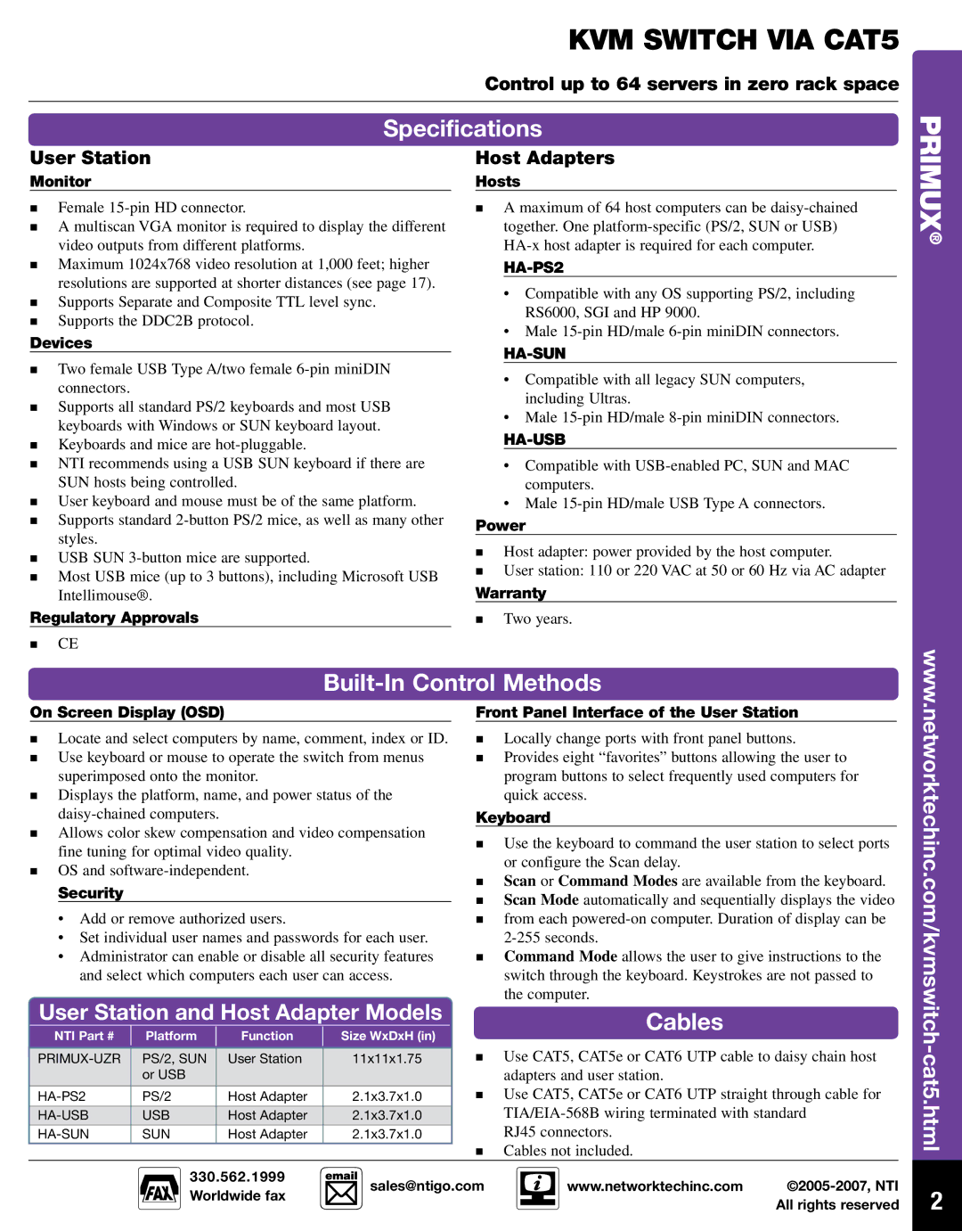 Network Technologies PRIMUx-UZR Specifications, Built-In Control Methods, Cables, User Station and Host Adapter Models 