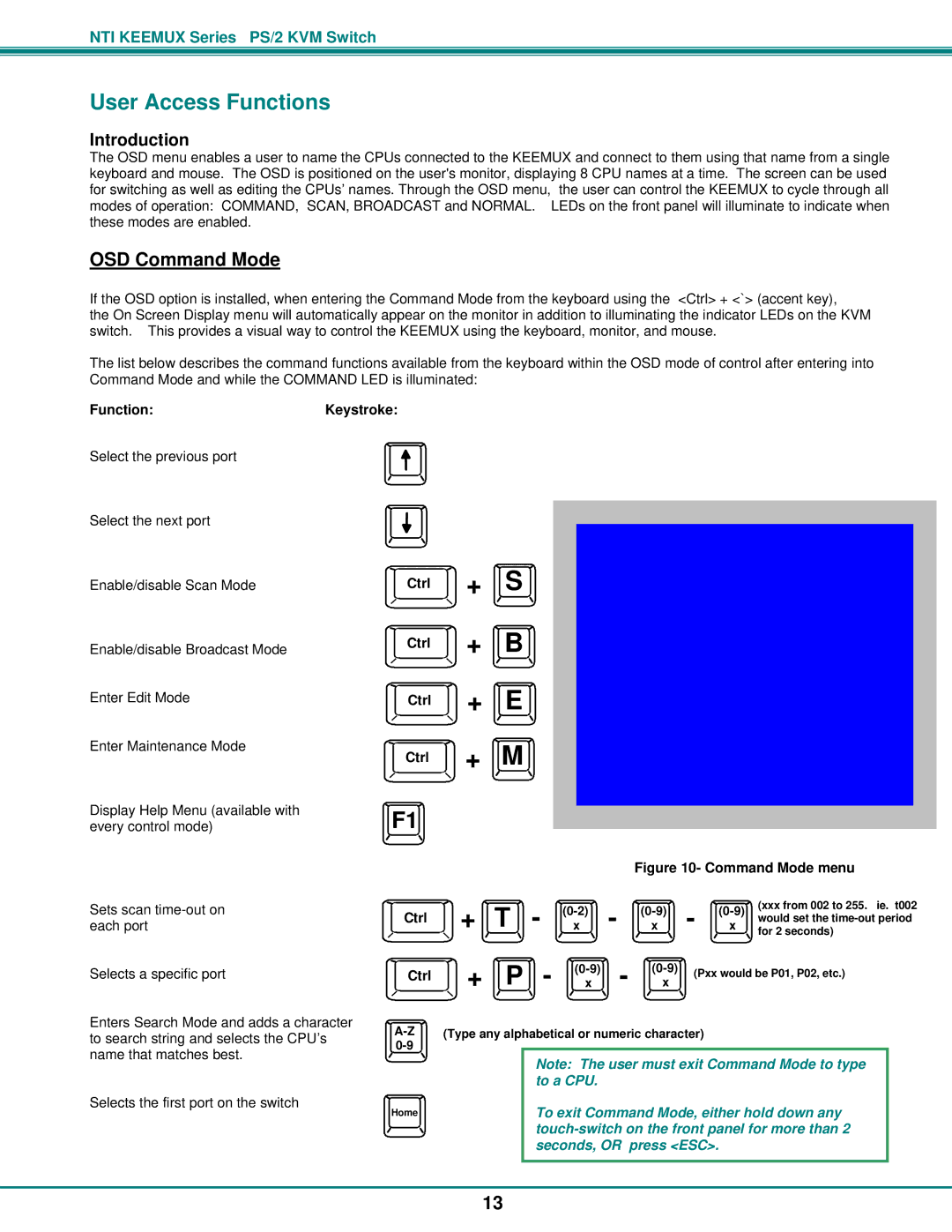 Network Technologies PS/2 KVM User Access Functions, OSD Command Mode, Keystroke Ctrl + S Ctrl + B Ctrl + E Ctrl + M 