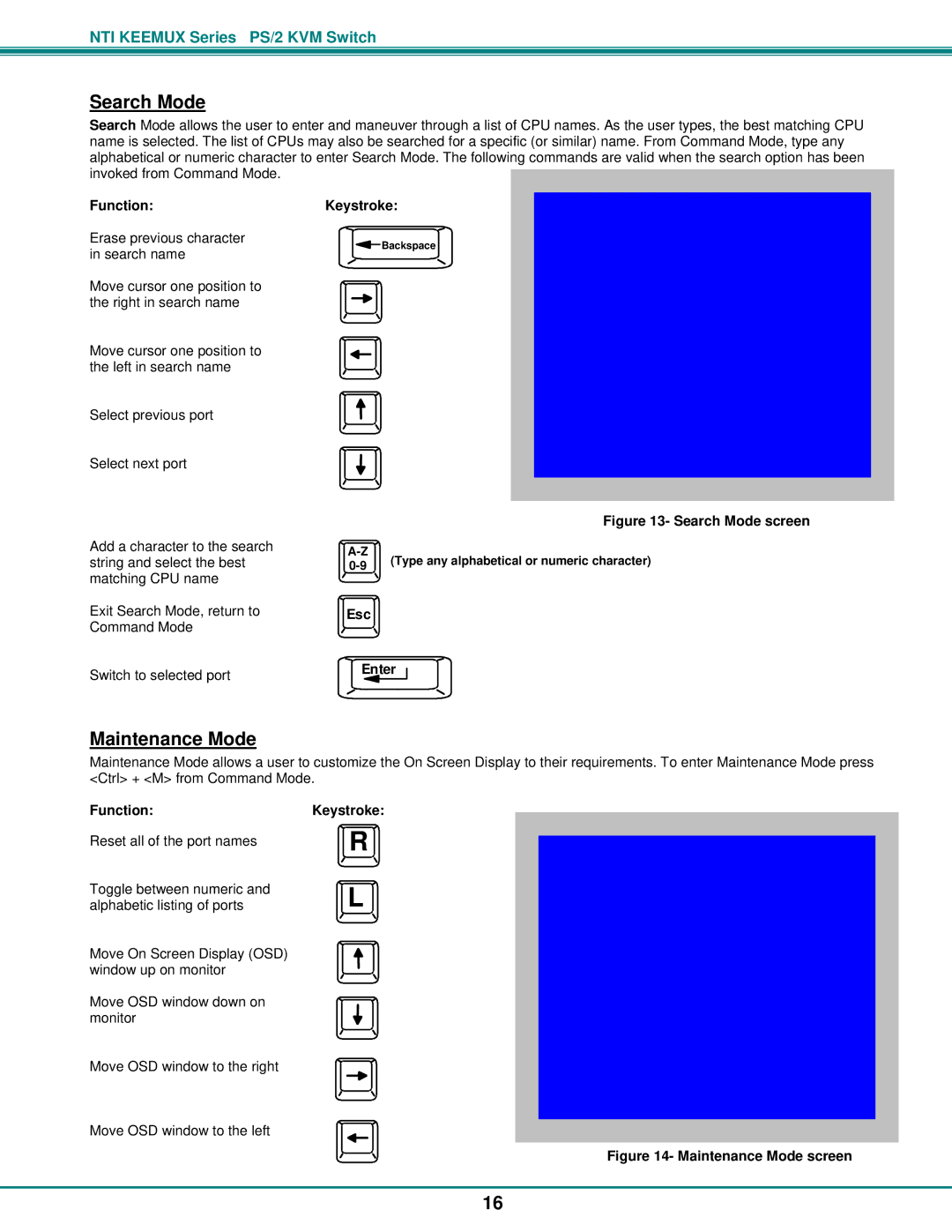 Network Technologies PS/2 KVM operation manual Search Mode, Maintenance Mode, Esc Enter 