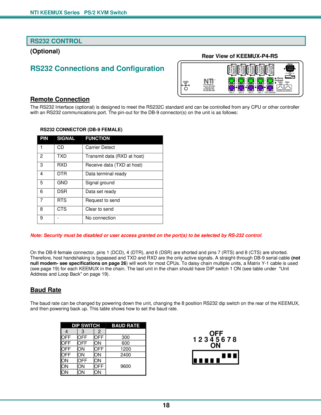 Network Technologies PS/2 KVM operation manual RS232 Connections and Configuration, Remote Connection, Baud Rate 