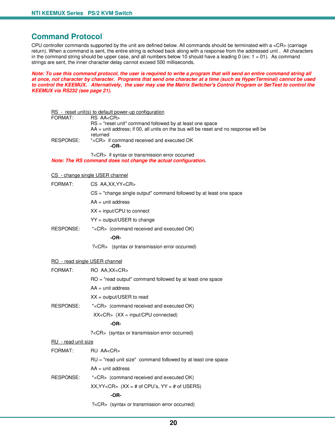 Network Technologies PS/2 KVM operation manual Command Protocol, Format RS Aacr 