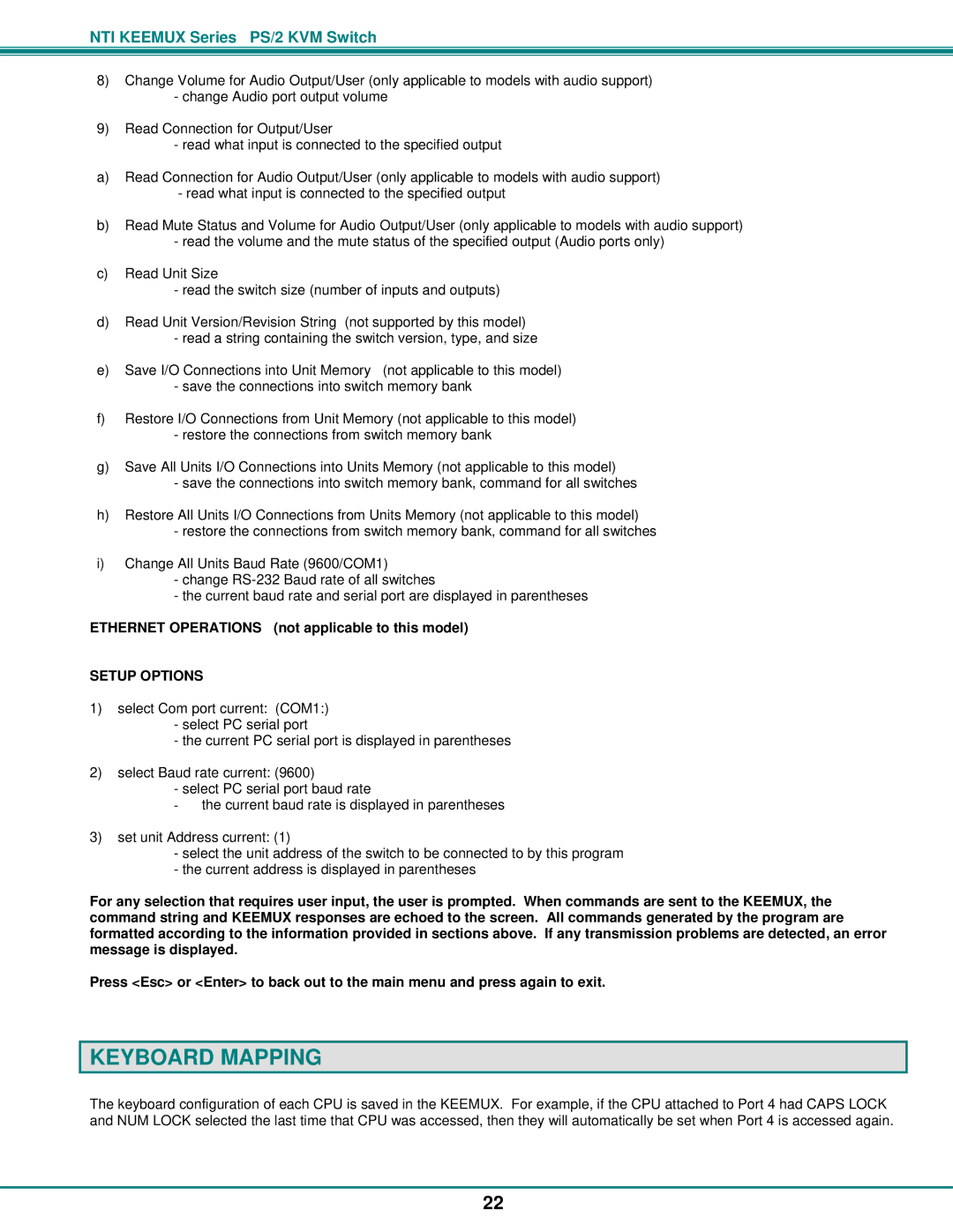 Network Technologies PS/2 KVM operation manual Keyboard Mapping, Ethernet Operations not applicable to this model 