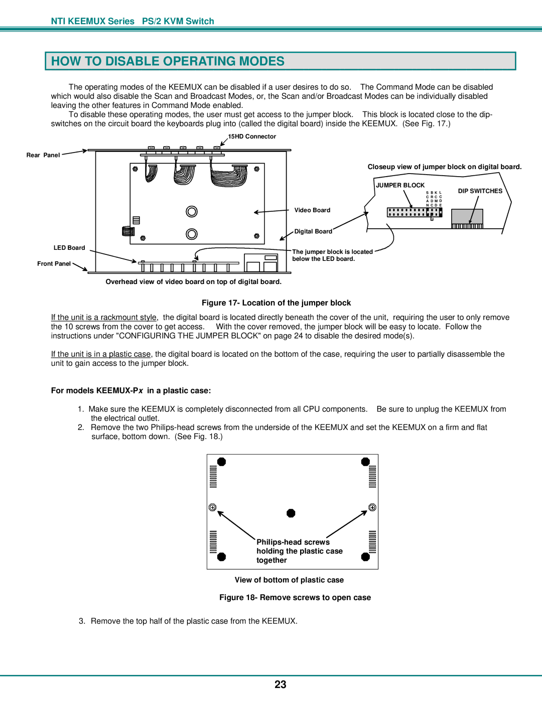 Network Technologies PS/2 KVM operation manual HOW to Disable Operating Modes, For models KEEMUX-Pxin a plastic case 