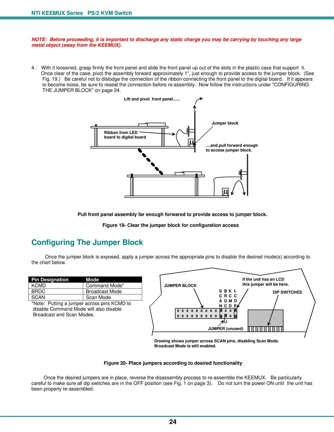 Network Technologies PS/2 KVM Configuring The Jumper Block, Clear the jumper block for configuration access 