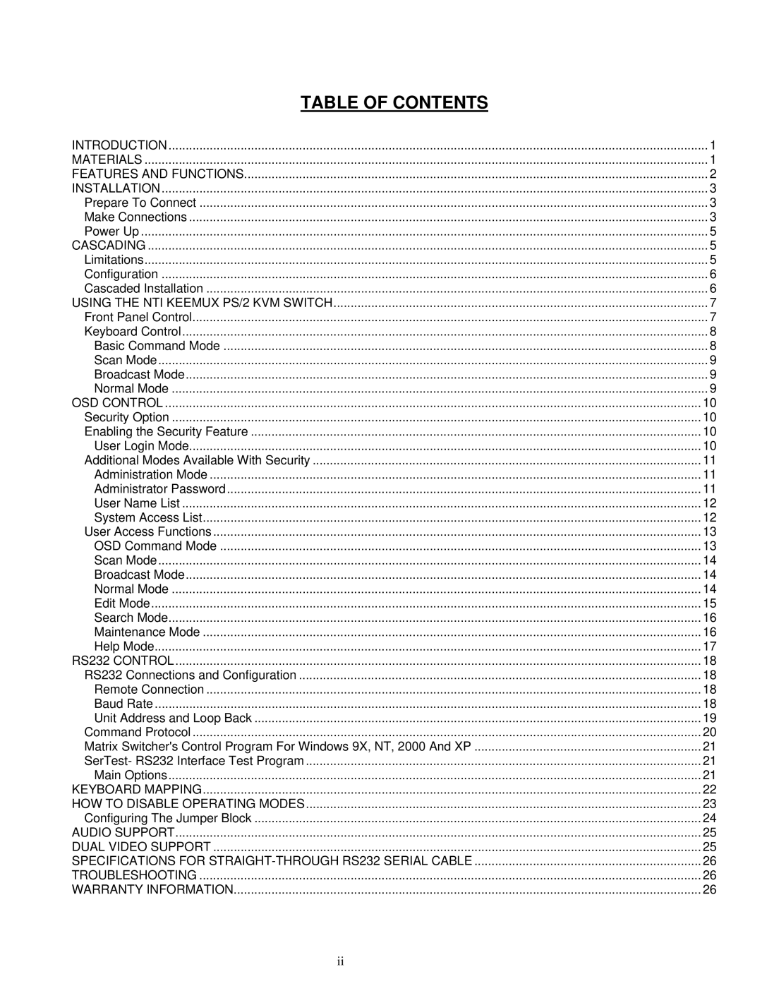 Network Technologies PS/2 KVM operation manual Table of Contents 