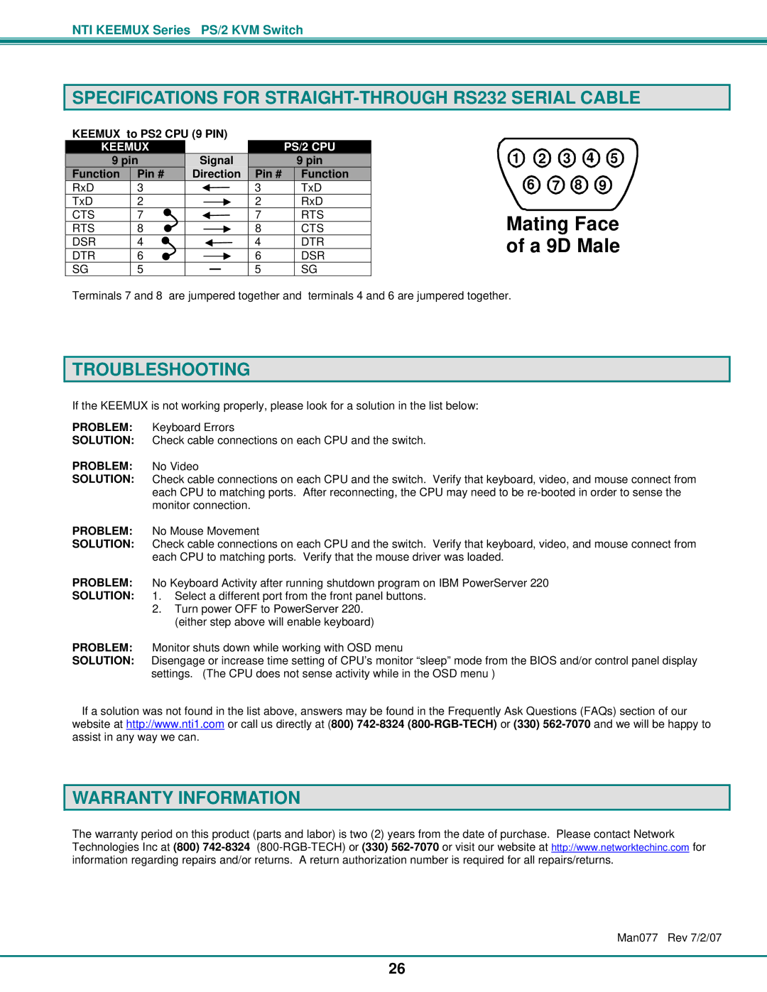 Network Technologies PS/2 KVM operation manual Specifications for STRAIGHT-THROUGH RS232 Serial Cable, Troubleshooting 