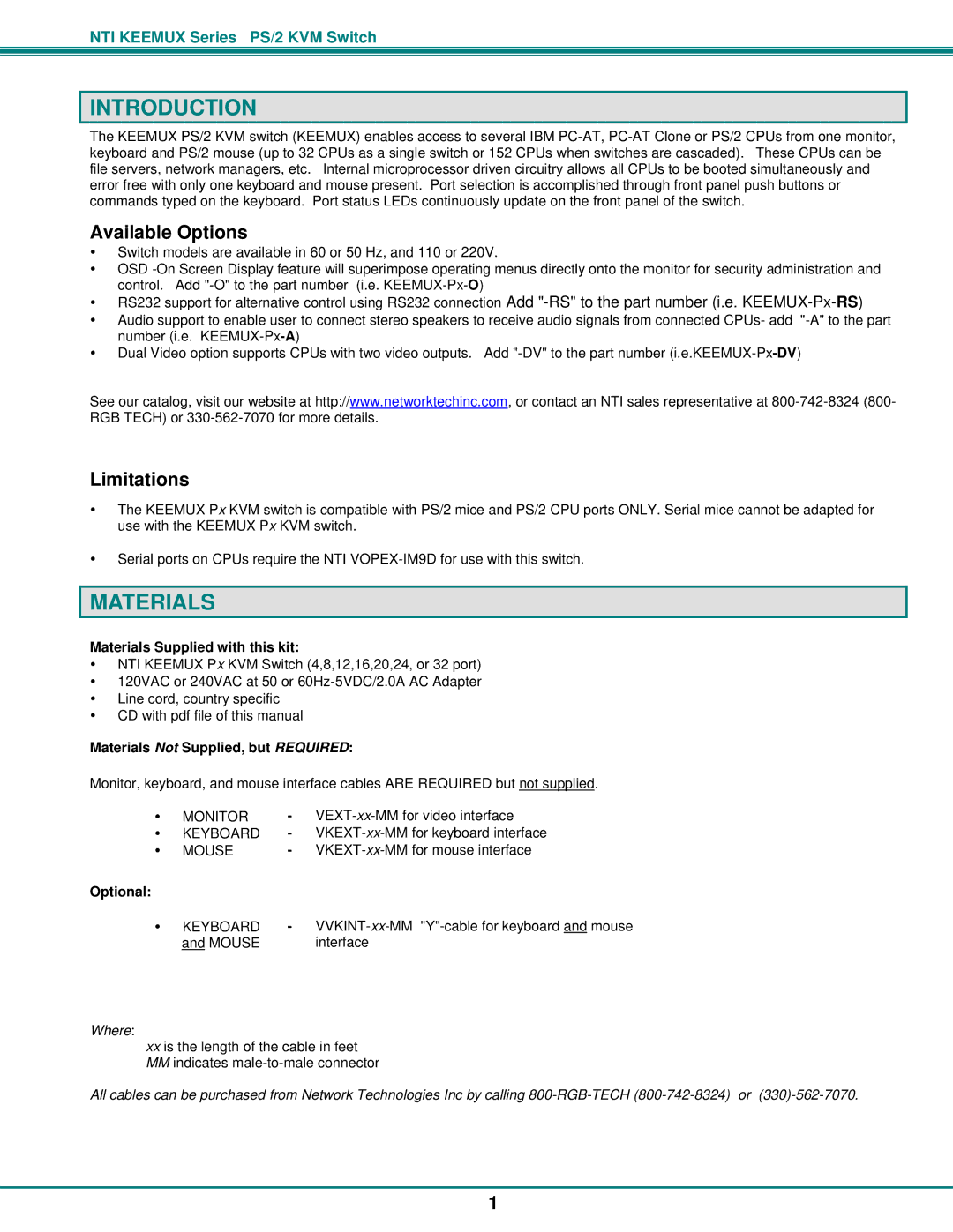 Network Technologies PS/2 KVM operation manual Introduction, Materials, Available Options, Limitations 