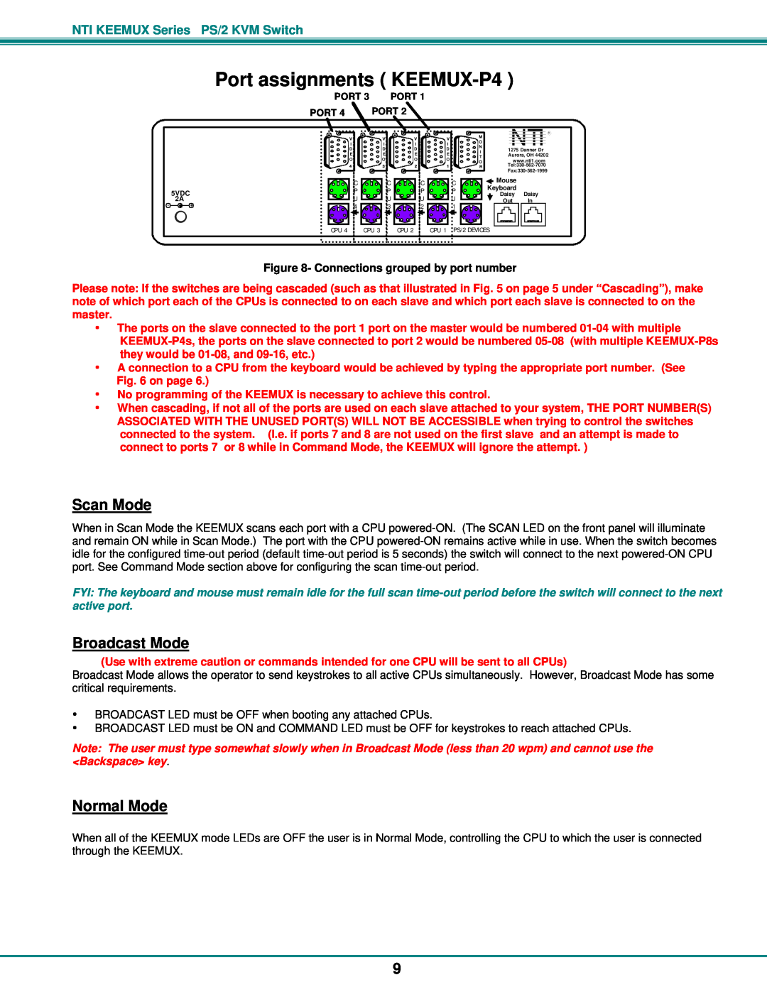Network Technologies PS/2 KVM operation manual Port assignments KEEMUX-P4, Scan Mode, Broadcast Mode, Normal Mode 