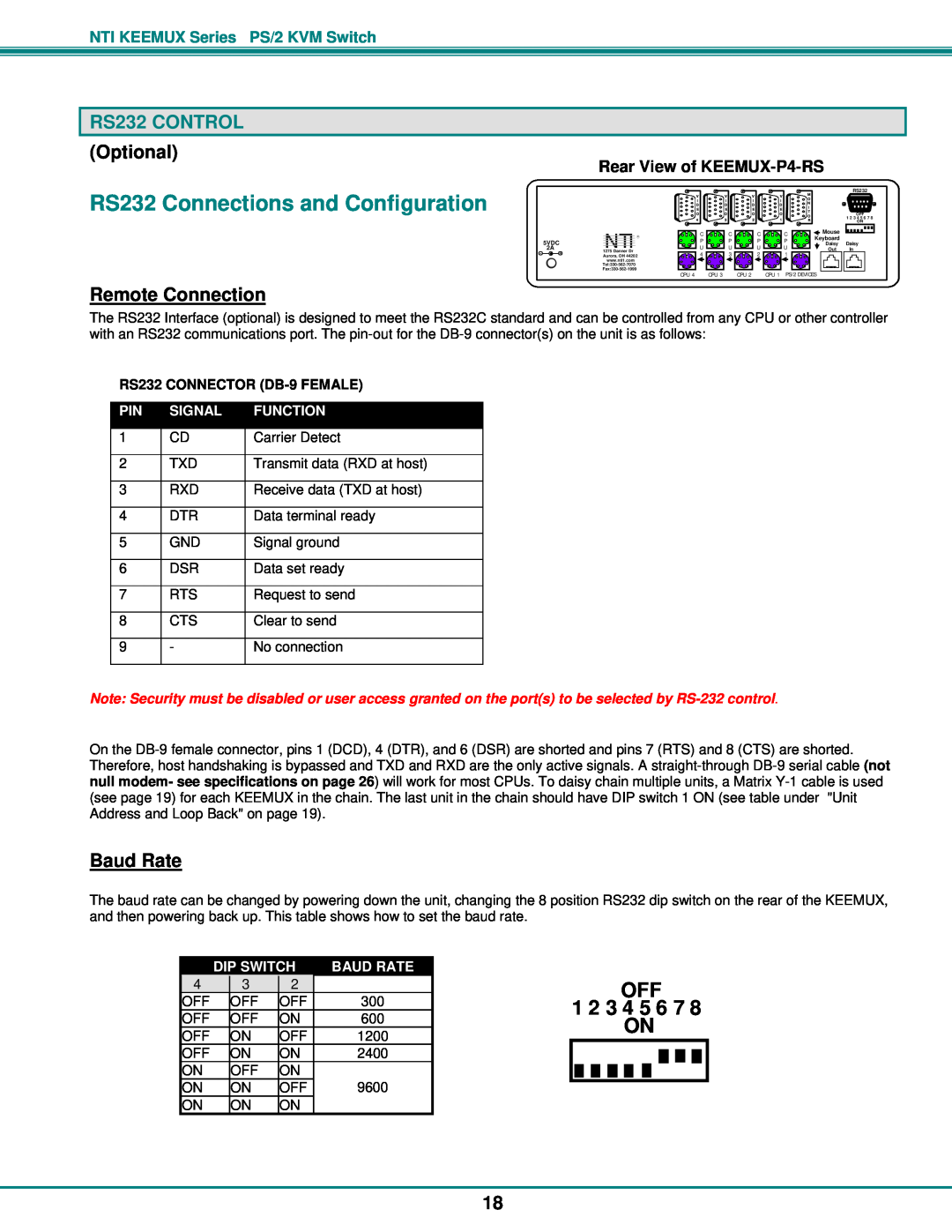 Network Technologies PS/2 KVM RS232 Connections and Configuration, RS232 CONTROL, Remote Connection, Baud Rate, Signal 
