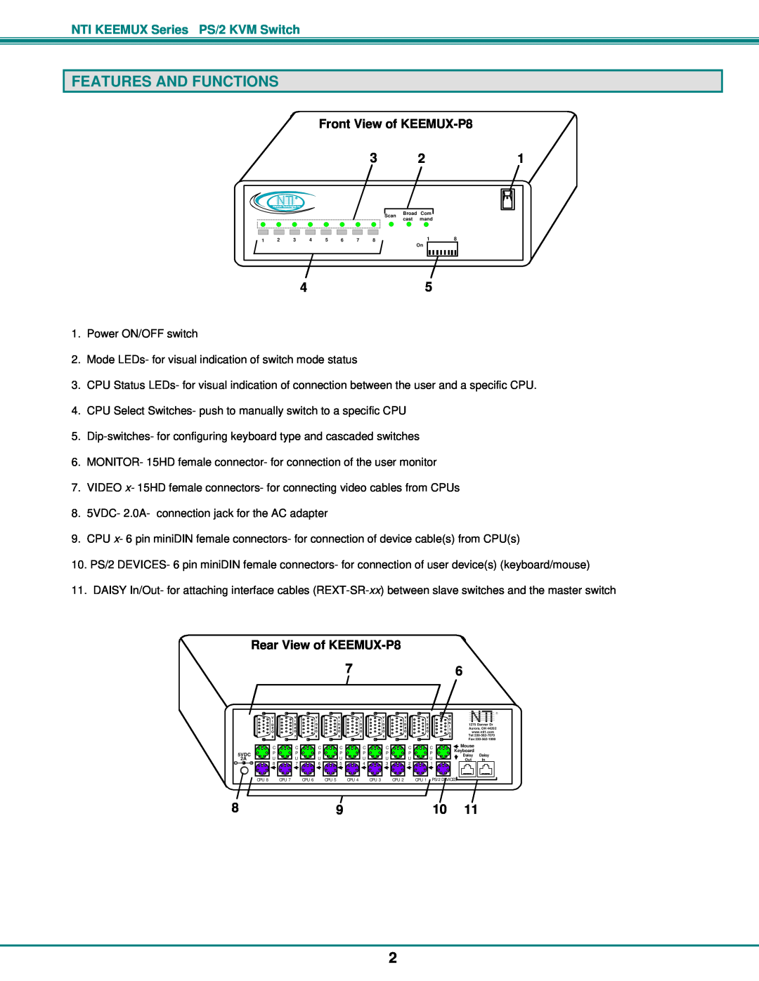 Network Technologies PS/2 KVM operation manual Features And Functions 