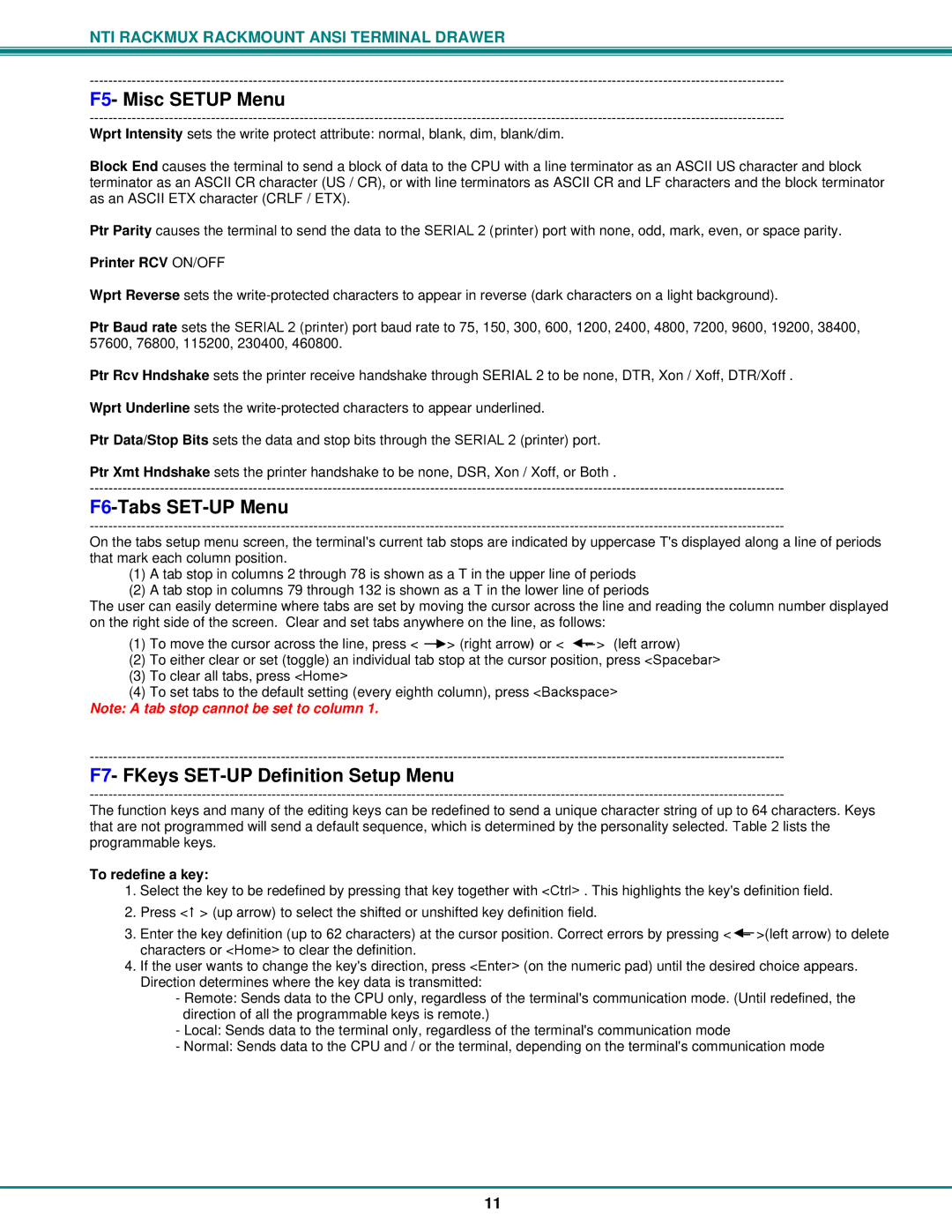 Network Technologies RACKMUX Series F5- Misc Setup Menu, F6-Tabs SET-UP Menu, F7- FKeys SET-UP Definition Setup Menu 