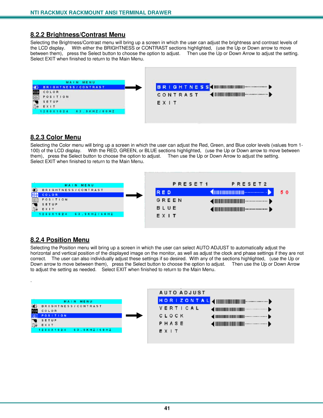 Network Technologies RACKMUX Series, RACKMUX-T15 operation manual Brightness/Contrast Menu, Color Menu, Position Menu 