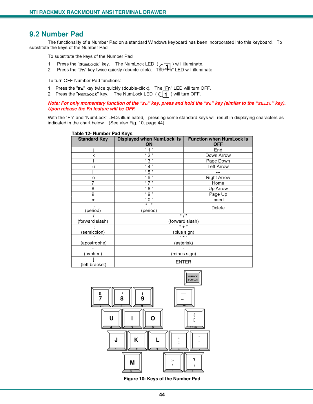 Network Technologies RACKMUX-T15, RACKMUX Series operation manual Keys of the Number Pad 