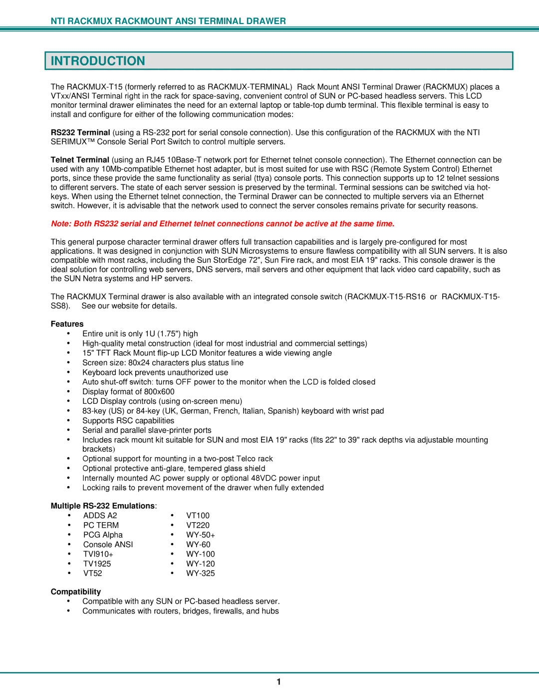 Network Technologies RACKMUX Series, RACKMUX-T15 Introduction, Features, Multiple RS-232 Emulations, Compatibility 