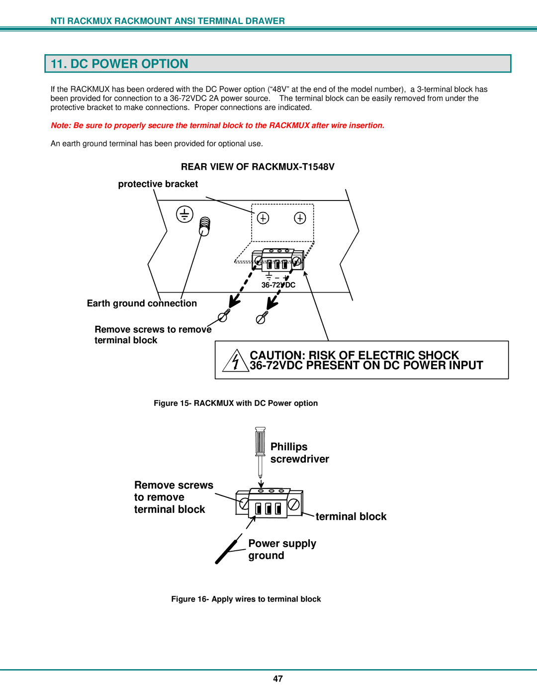 Network Technologies RACKMUX Series, RACKMUX-T15 operation manual DC Power Option, Rackmux with DC Power option 