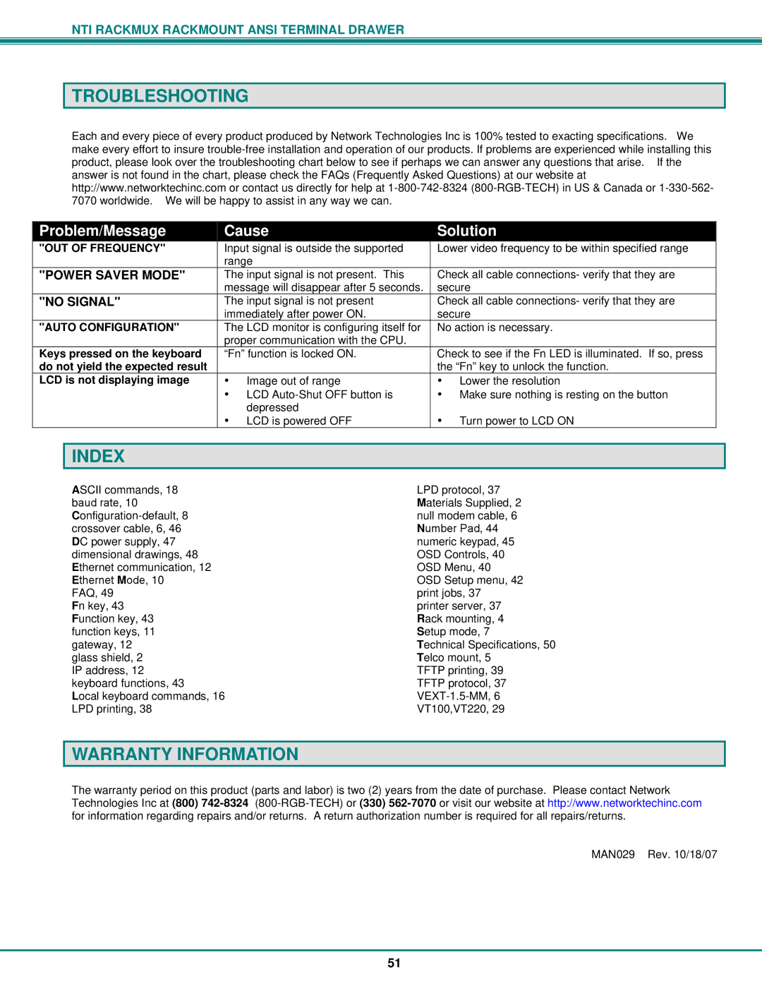 Network Technologies RACKMUX Series, RACKMUX-T15 operation manual Troubleshooting, Index, Warranty Information 