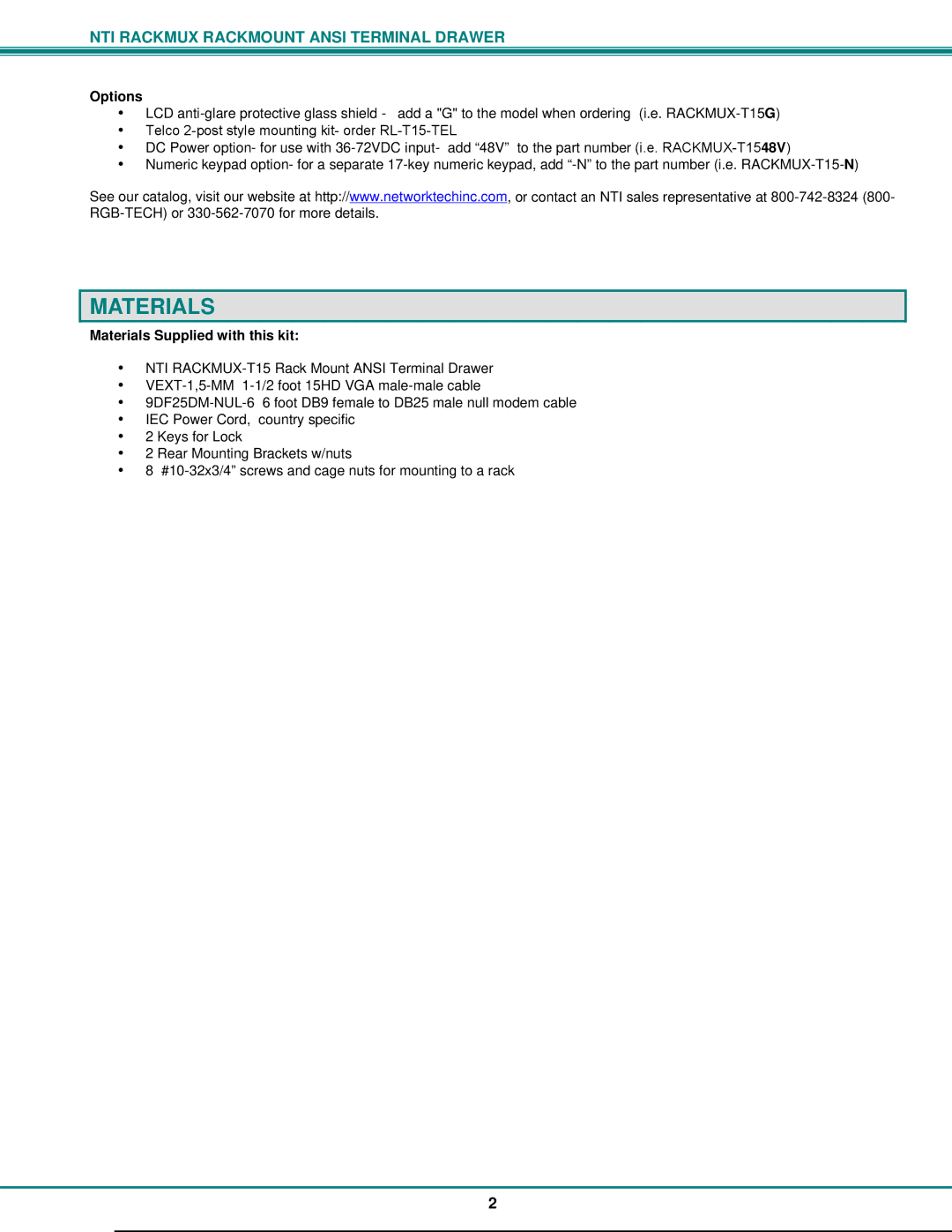 Network Technologies RACKMUX-T15, RACKMUX Series operation manual Options, Materials Supplied with this kit 