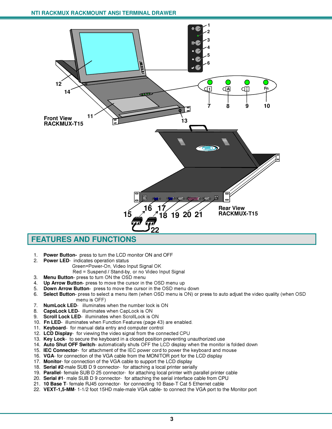 Network Technologies RACKMUX Series, RACKMUX-T15 operation manual Features and Functions 