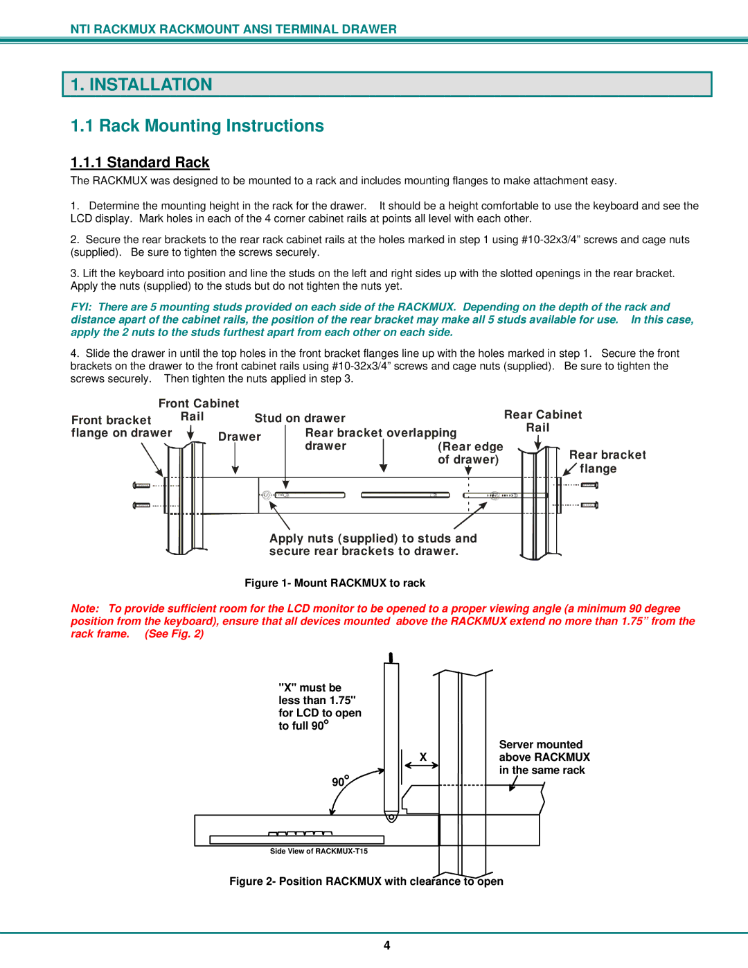 Network Technologies RACKMUX-T15, RACKMUX Series operation manual Installation, Rack Mounting Instructions, Standard Rack 