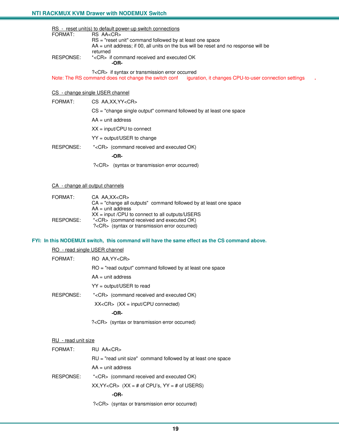 Network Technologies RACKMUX-V17-4UNV Format RS Aacr, Response, Format CS AA,XX,YYCR, Format CA AA,XXCR, Format RO AA,YYCR 