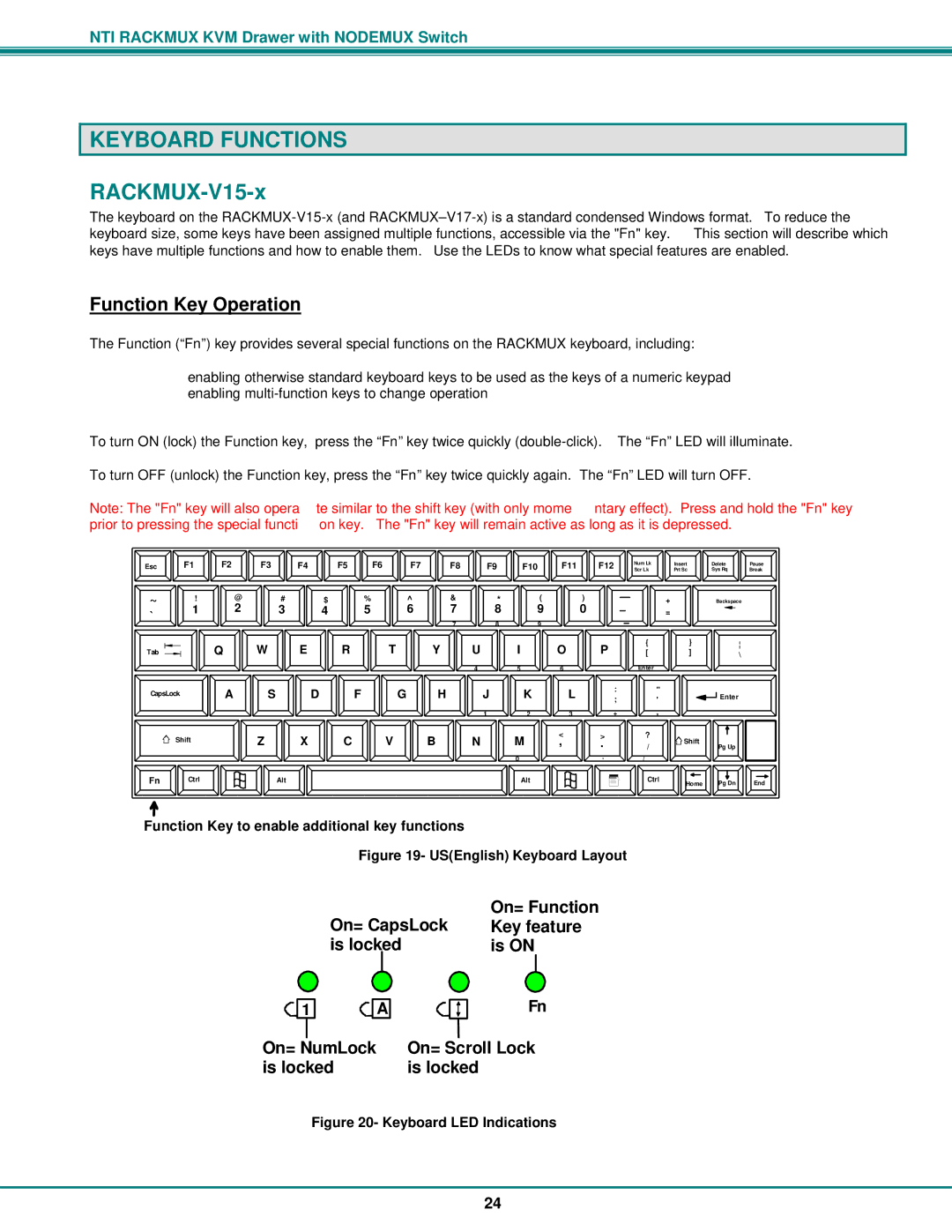 Network Technologies RACKMUX-V15-8UNV, RACKMUX-V15-4UNV Keyboard Functions, RACKMUX-V15-x, Function Key Operation 