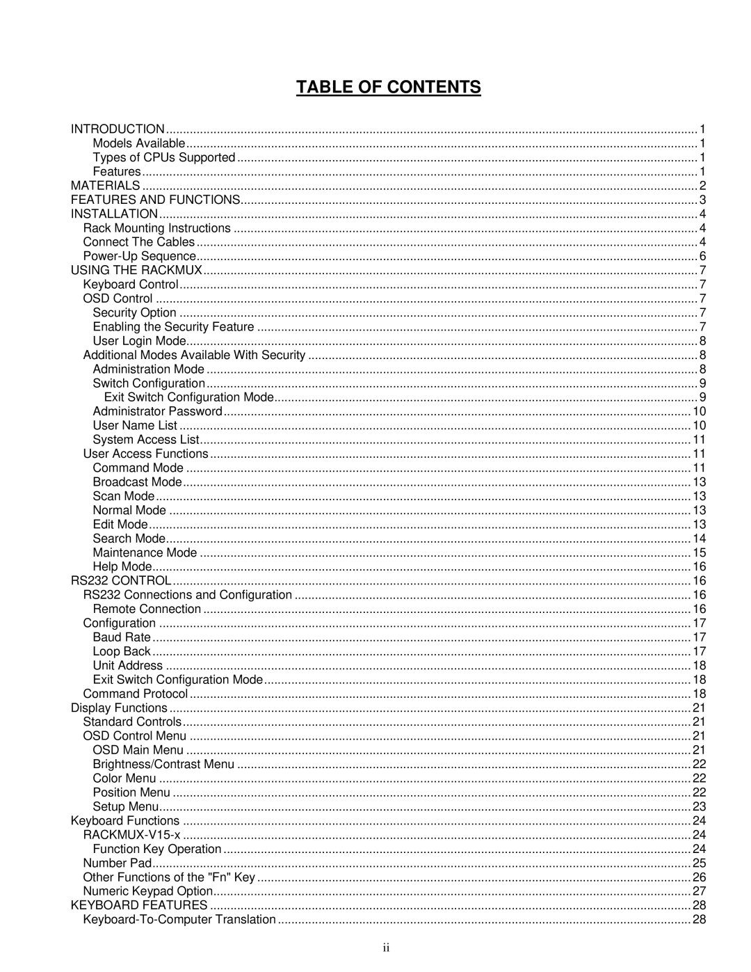 Network Technologies RACKMUX-V17-4UNV, RACKMUX-V15-8UNV, RACKMUX-V15-4UNV, RACKMUX-V17-8UNV operation manual Table of Contents 