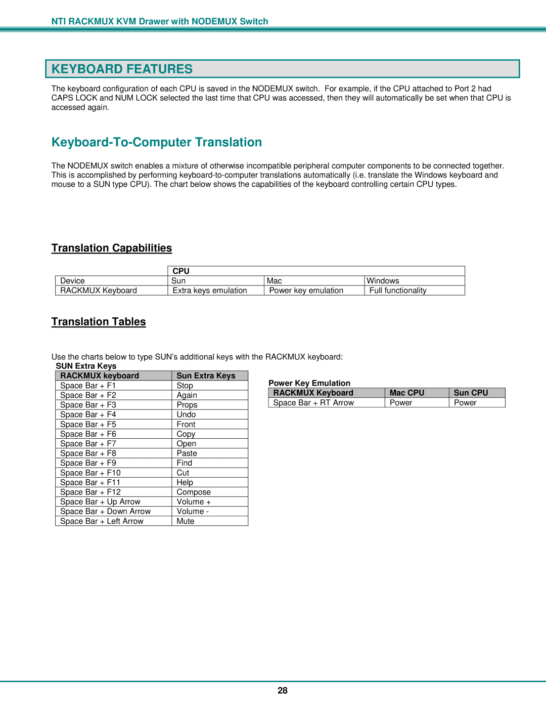 Network Technologies RACKMUX-V15-8UNV Keyboard Features, Keyboard-To-Computer Translation, Translation Capabilities 