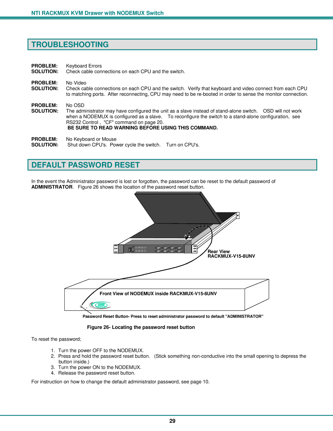 Network Technologies RACKMUX-V15-4UNV, RACKMUX-V15-8UNV, RACKMUX-V17-8UNV Troubleshooting, Default Password Reset 