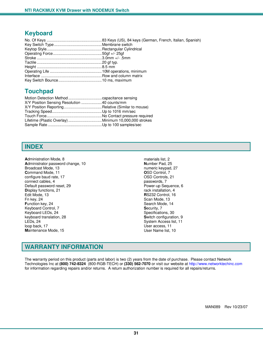 Network Technologies RACKMUX-V17-4UNV, RACKMUX-V15-8UNV, RACKMUX-V15-4UNV Keyboard, Touchpad, Index, Warranty Information 