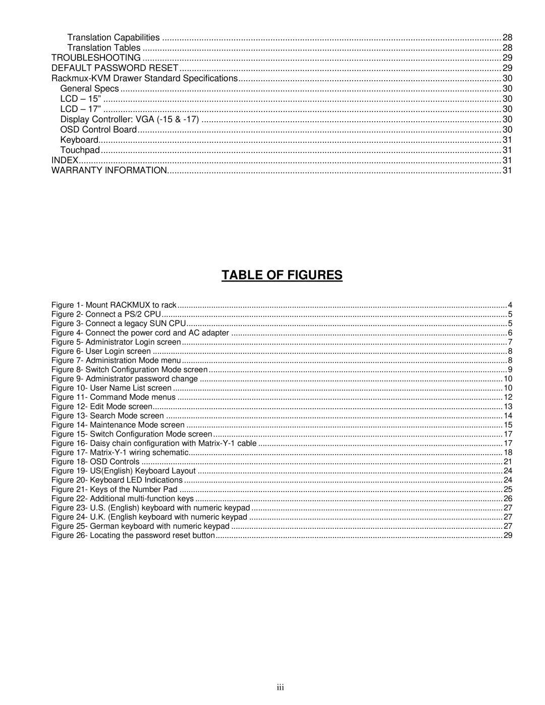 Network Technologies RACKMUX-V15-8UNV, RACKMUX-V15-4UNV Troubleshooting Default Password Reset, Index Warranty Information 