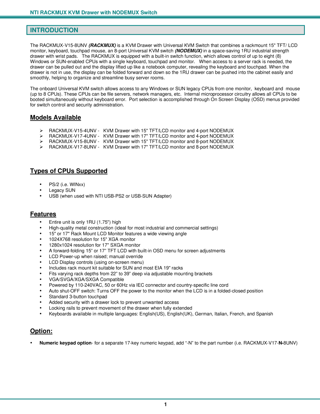 Network Technologies RACKMUX-V15-4UNV, RACKMUX-V15-8UNV Models Available, Types of CPUs Supported, Features, Option 