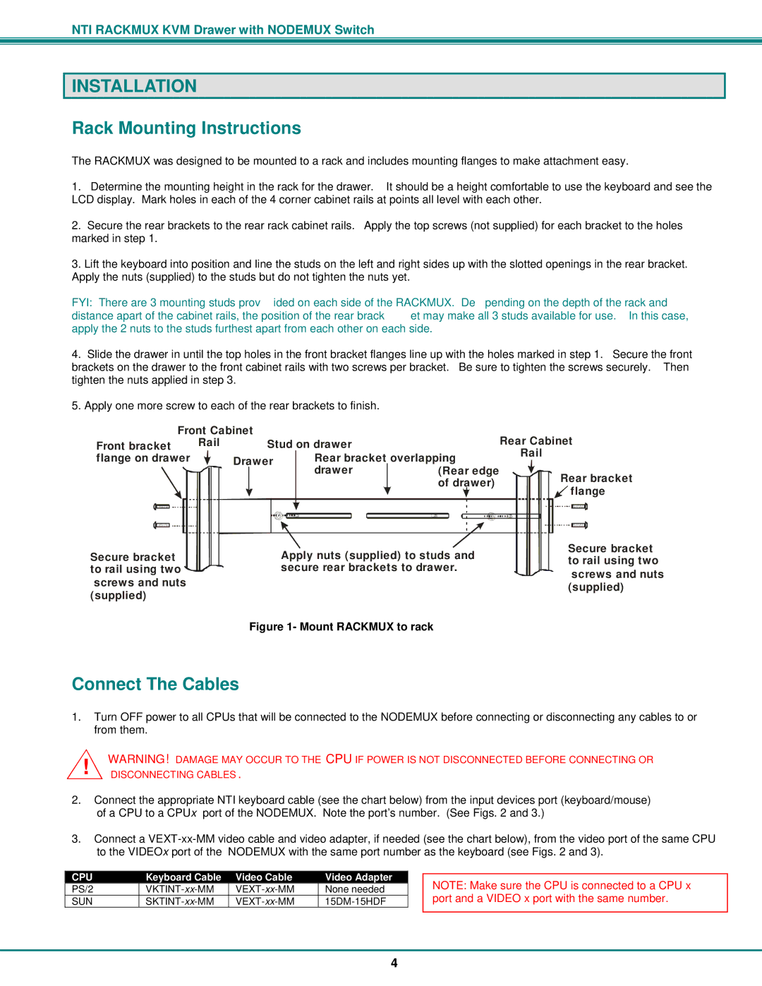 Network Technologies RACKMUX-V15-8UNV, RACKMUX-V15-4UNV Installation, Rack Mounting Instructions, Connect The Cables 