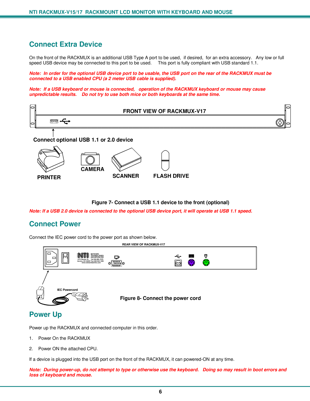 Network Technologies Rackmux-V15/17, Rackmux-D15/17 operation manual Connect Extra Device, Connect Power, Power Up 