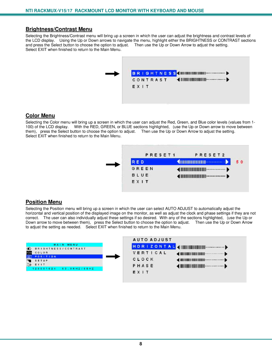 Network Technologies Rackmux-V15/17, Rackmux-D15/17 operation manual Brightness/Contrast Menu, Color Menu, Position Menu 