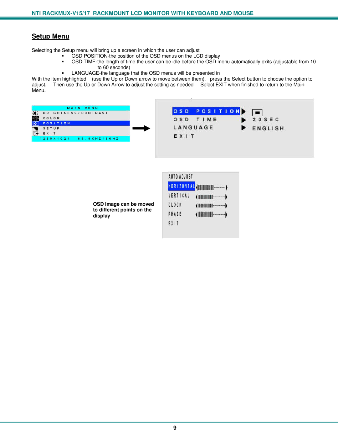 Network Technologies Rackmux-D15/17, Rackmux-V15/17 Setup Menu, OSD Image can be moved to different points on the display 