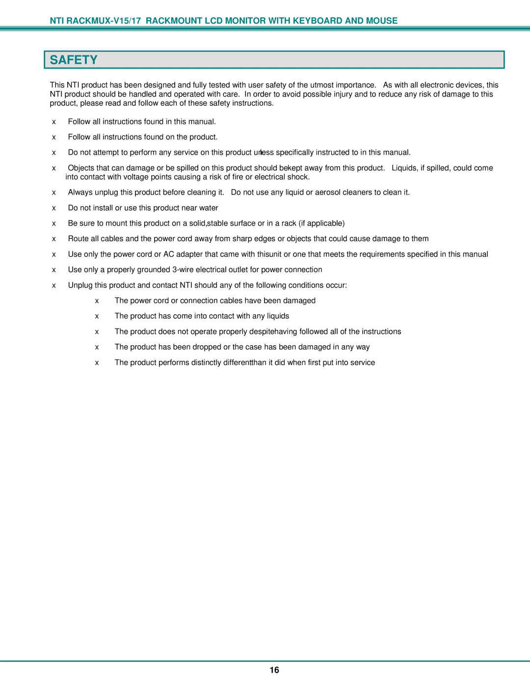 Network Technologies Rackmux-V15/17, Rackmux-D15/17 operation manual Safety 