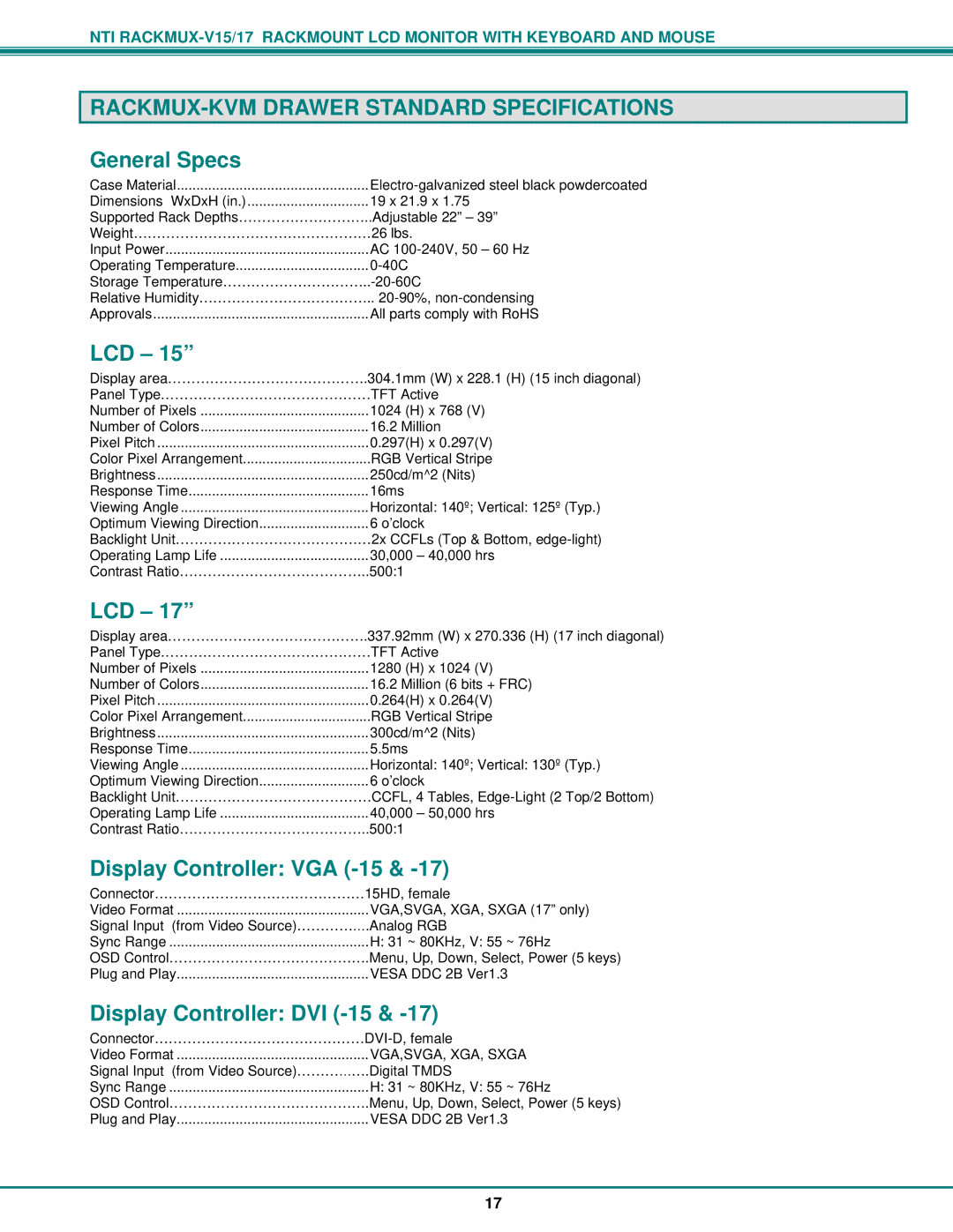 Network Technologies Rackmux-D15/17, Rackmux-V15/17 RACKMUX-KVM Drawer Standard Specifications, General Specs, Lcd 