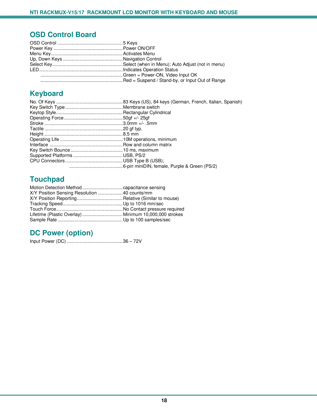 Network Technologies Rackmux-V15/17, Rackmux-D15/17 operation manual OSD Control Board, Keyboard, Touchpad, DC Power option 