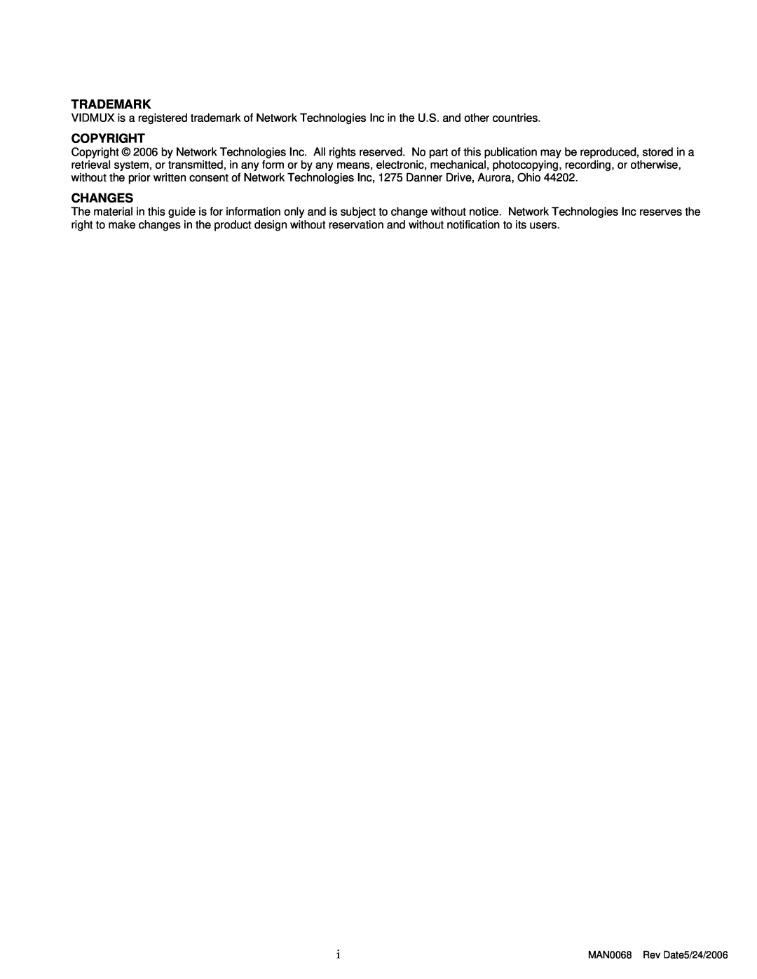 Network Technologies SE-DVI-2 operation manual Trademark, Copyright, Changes, MAN0068 Rev Date5/24/2006 