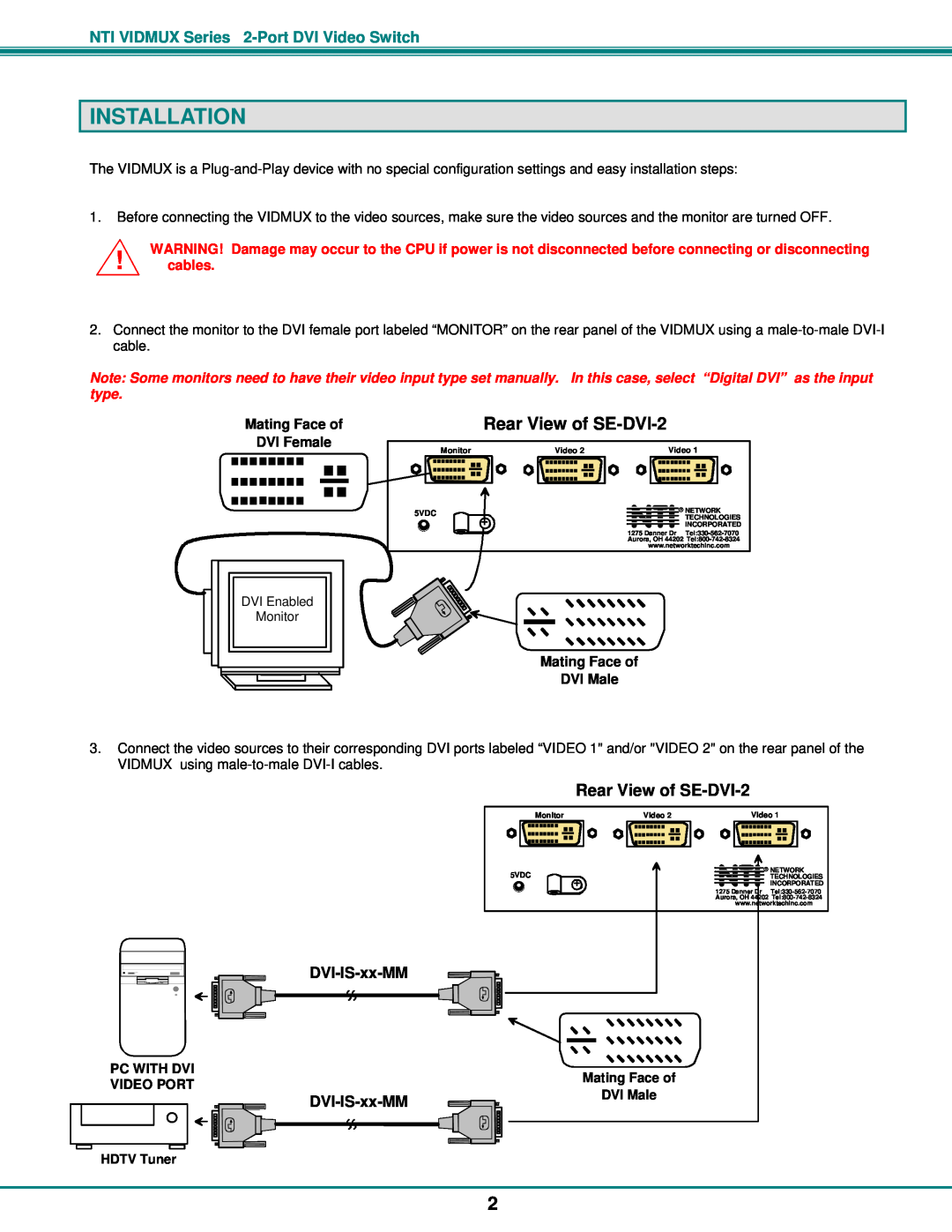 Network Technologies operation manual Installation, Rear View of SE-DVI-2, DVI-IS-xx-MM, Mating Face of, DVI Female 