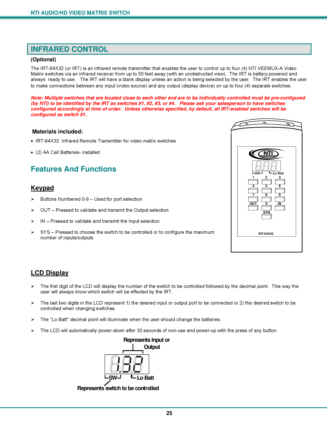 Network Technologies SM-8X4-HDA operation manual Infrared Control, Features And Functions, Keypad, LCD Display, Lo Batt 