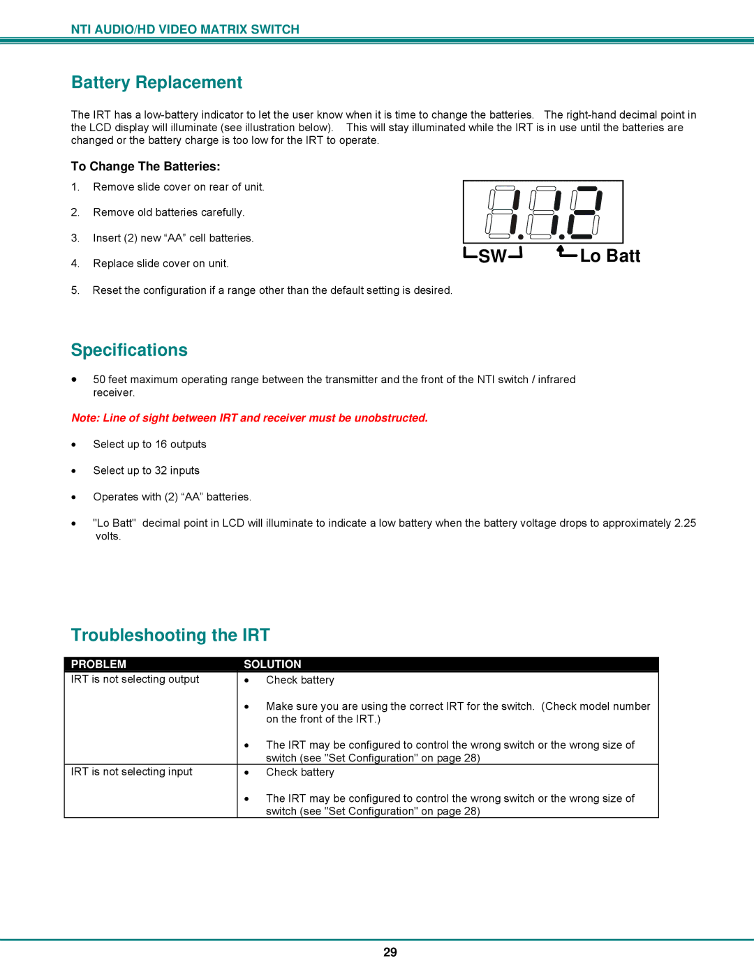 Network Technologies SM-8X4-HDA Battery Replacement, Specifications, Troubleshooting the IRT, Replace slide cover on unit 