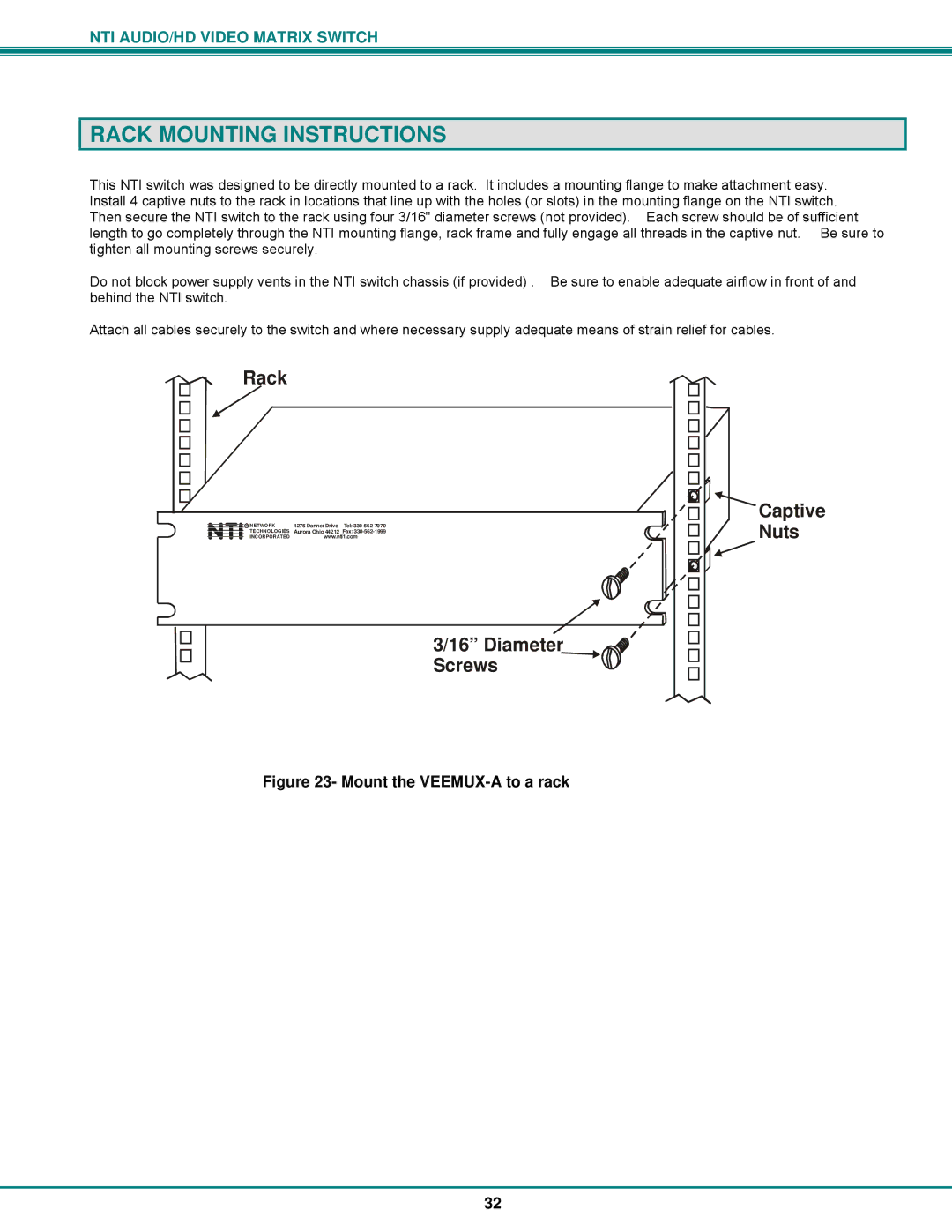 Network Technologies SM-8X4-HDA operation manual Rack Mounting Instructions, Mount the VEEMUX-A to a rack 