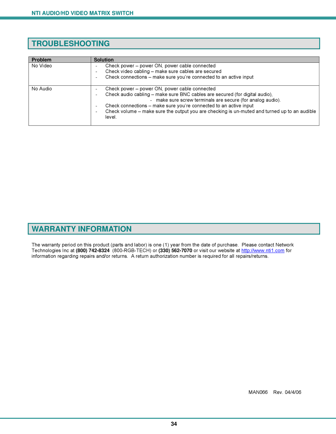 Network Technologies SM-8X4-HDA operation manual Troubleshooting, Warranty Information, Problem, Solution 