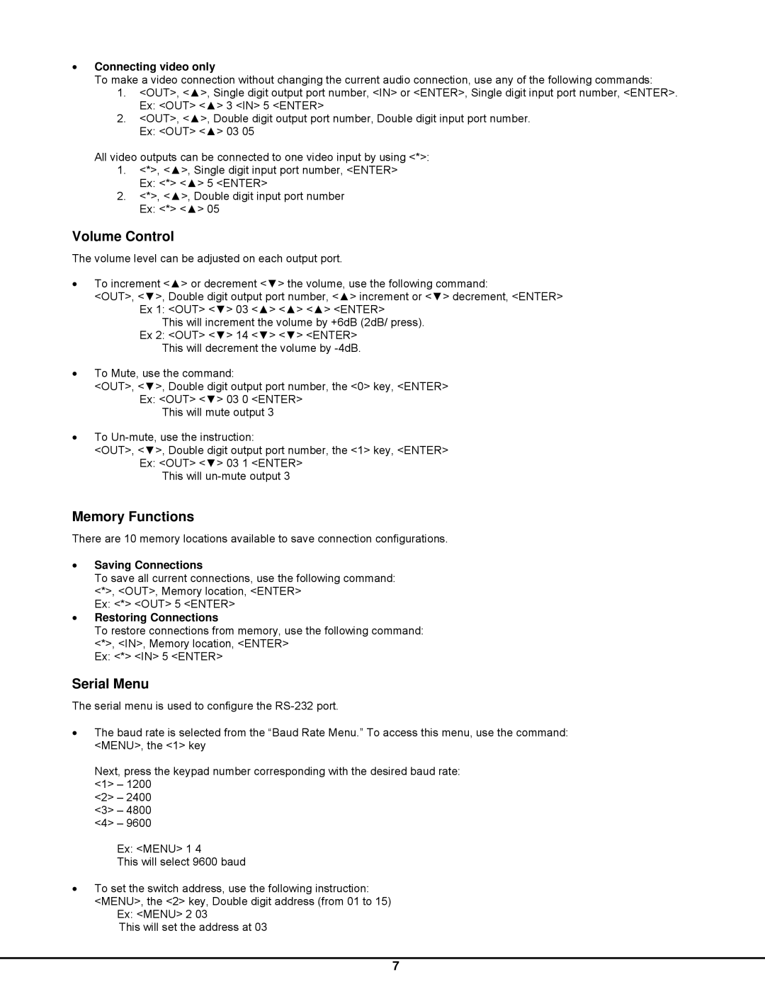 Network Technologies SM-nXm-AV-LCD operation manual Volume Control, Memory Functions, Serial Menu 