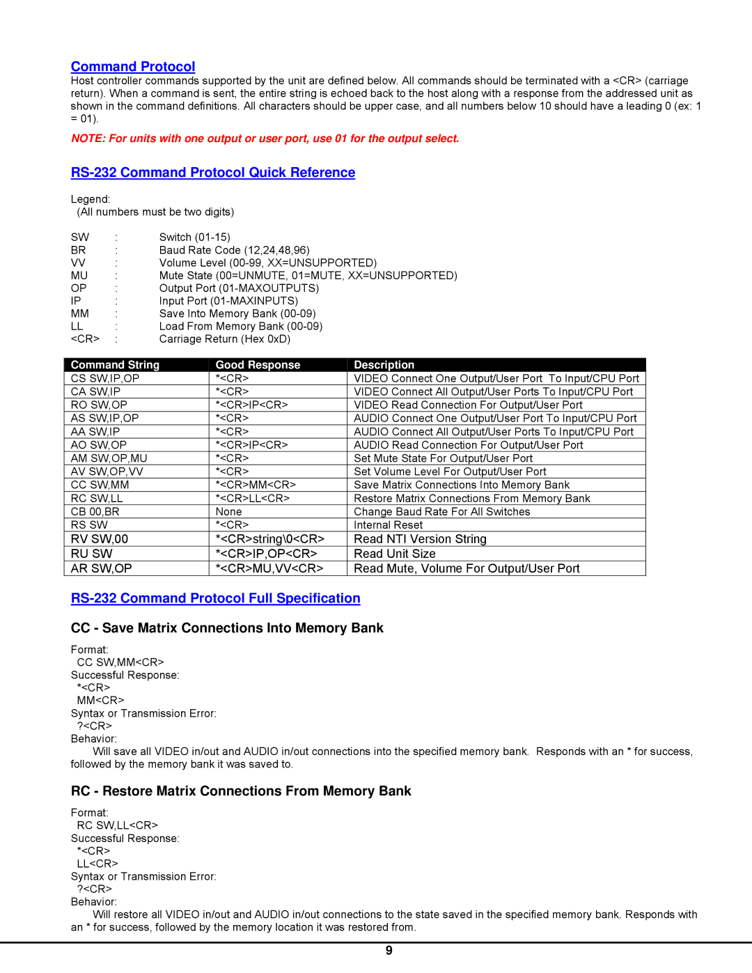 Network Technologies SM-nXm-AV-LCD RS-232 Command Protocol Quick Reference, RS-232 Command Protocol Full Specification 