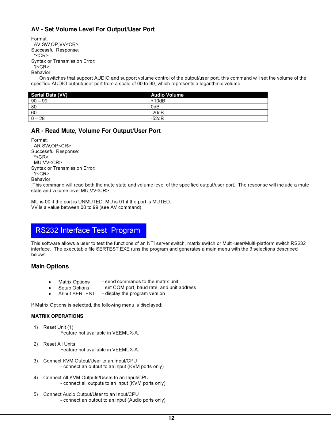 Network Technologies SM-nXm-AV-LCD RS232 Interface Test Program, AV Set Volume Level For Output/User Port, Main Options 