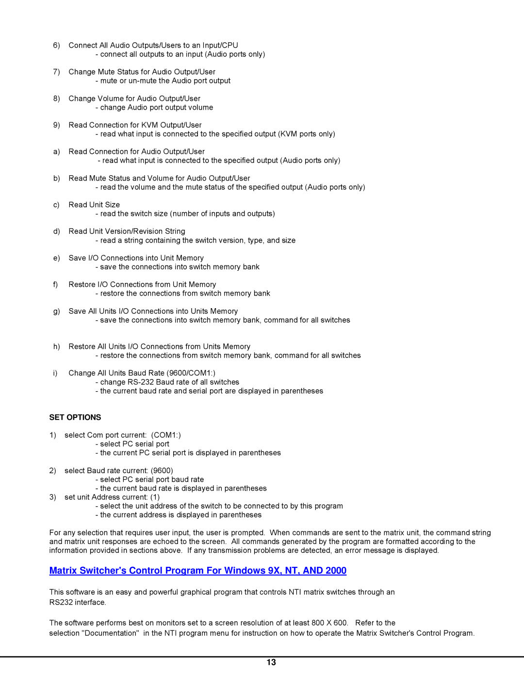 Network Technologies SM-nXm-AV-LCD operation manual Matrix Switchers Control Program For Windows 9X, NT, SET Options 