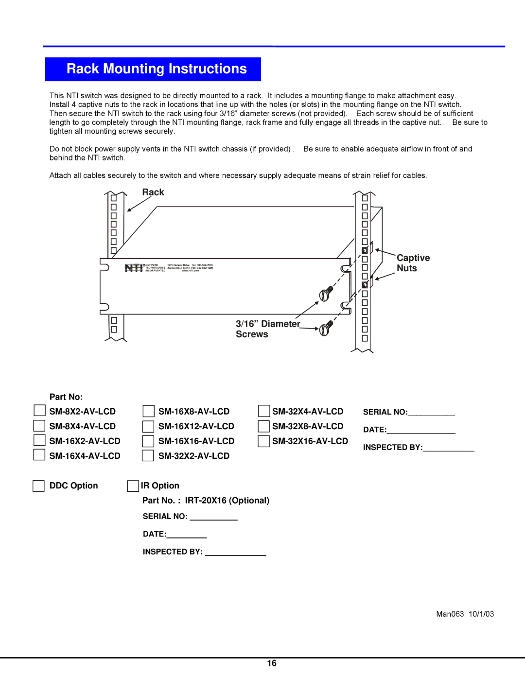 Network Technologies SM-nXm-AV-LCD operation manual Rack Mounting Instructions 