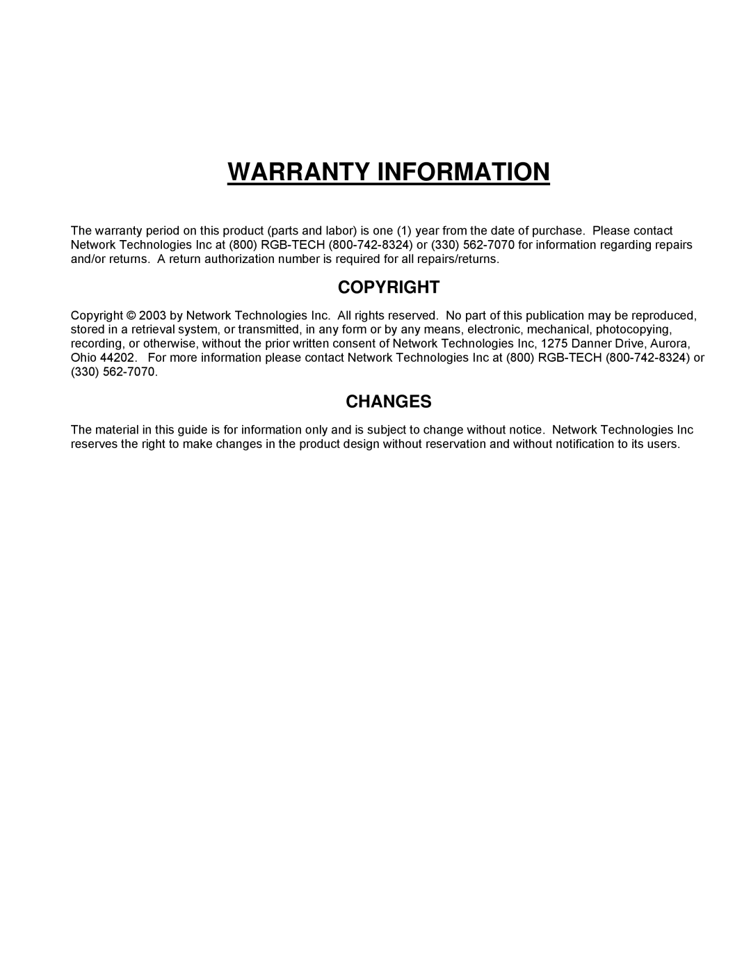 Network Technologies SM-nXm-AV-LCD operation manual Warranty Information 